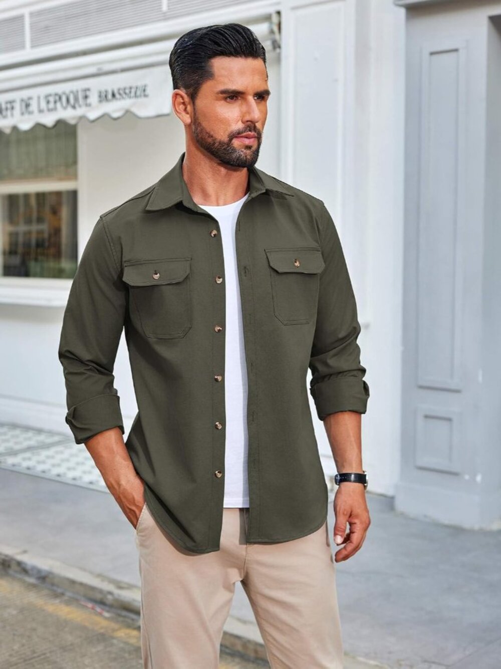 Men's Long Sleeve Button Up Shirt Jacket with Flap Pockets - Picture 3 of 7